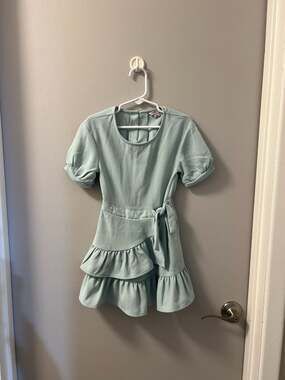 Habitual Girl Crepe Mock Wrap Ruffle Dress in Aqua